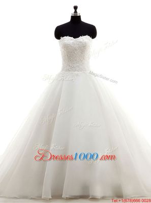Extravagant White Sleeveless Brush Train Beading and Lace With Train Wedding Dresses