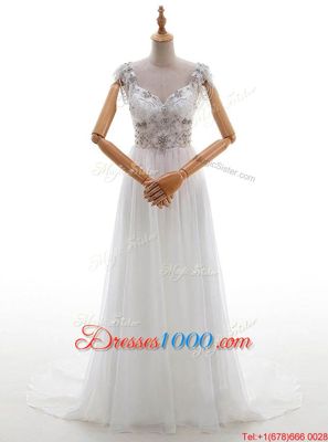 Top Selling White Empire V-neck Cap Sleeves Chiffon With Train Chapel Train Side Zipper Beading and Bowknot Bridal Gown