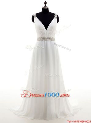V-neck Sleeveless Brush Train Zipper Wedding Dress White Chiffon
