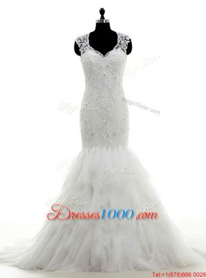 Amazing Mermaid V-neck Sleeveless Tulle Wedding Gown Beading and Lace and Ruffles Brush Train Clasp Handle