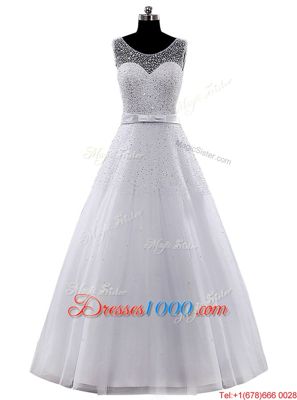 Scoop Sleeveless Tulle Wedding Dress Beading and Belt Clasp Handle