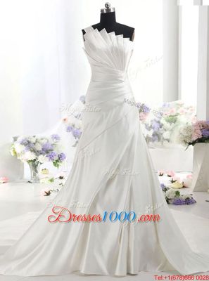 Low Price White Zipper One Shoulder Ruffles Bridal Gown Satin Sleeveless Chapel Train
