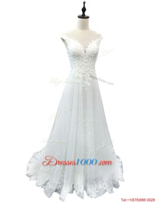 White Sleeveless With Train Beading and Ruffles Lace Up Wedding Gown