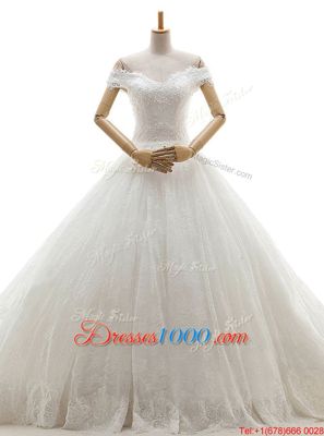 Most Popular Off the Shoulder White Tulle Lace Up Wedding Gown Sleeveless With Train Court Train Lace and Appliques