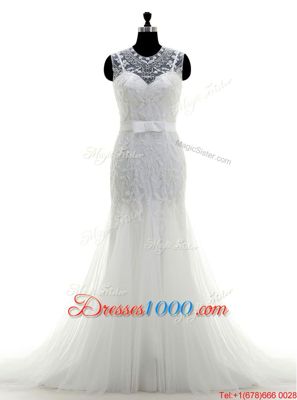 White Bridal Gown Wedding Party and For with Lace and Appliques Scoop Cap Sleeves Brush Train Zipper