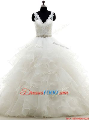 Extravagant White Ball Gowns Beading and Lace and Ruffles Wedding Gowns Backless Organza Sleeveless With Train