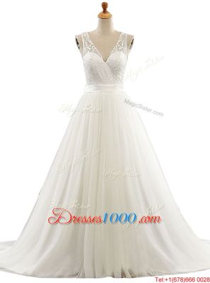 Shining V-neck Sleeveless Tulle Wedding Gowns Lace Brush Train Clasp Handle