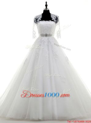 Strapless Sleeveless Tulle Wedding Dress Beading and Lace and Appliques Brush Train Lace Up