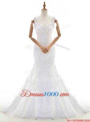 Fantastic Mermaid With Train White Wedding Dress Lace Court Train Sleeveless Beading and Lace