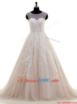 Scoop Cap Sleeves Brush Train Lace and Appliques Zipper Wedding Dress