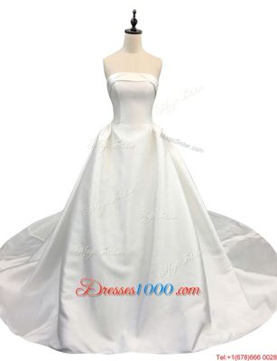 Strapless Sleeveless Satin Wedding Dress Ruching Chapel Train Zipper