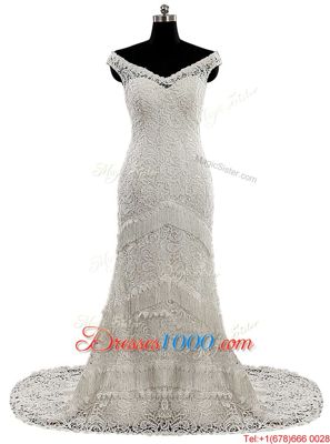 Custom Made White Lace Zipper Wedding Dresses Cap Sleeves With Brush Train Lace and Sashes|ribbons