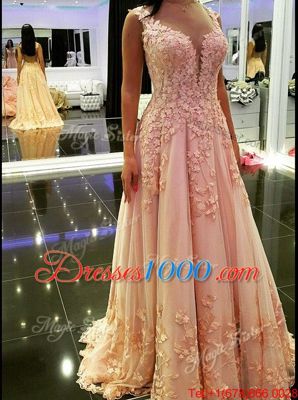 Spectacular Peach Tulle Backless Evening Dress Sleeveless Floor Length Appliques