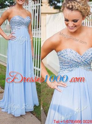 Best Light Blue Chiffon Backless Formal Evening Gowns Sleeveless Floor Length Beading