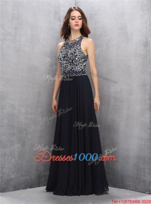 Fantastic Halter Top Black A-line Beading Formal Dresses Backless Chiffon Sleeveless Floor Length