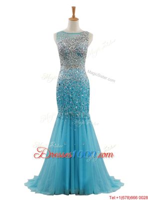 Mermaid Bateau Sleeveless Sweep Train Zipper Evening Wear Blue Tulle