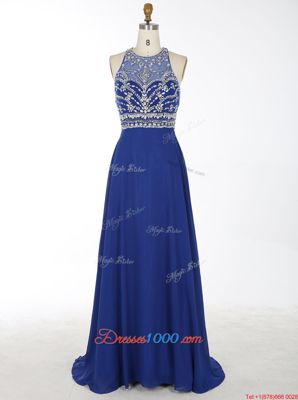 Royal Blue Criss Cross Scoop Beading Evening Dress Chiffon Sleeveless Brush Train