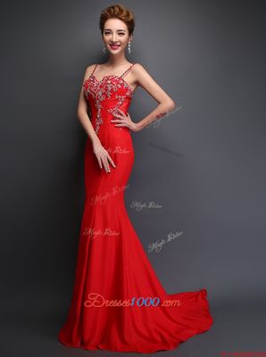 Noble Mermaid Spaghetti Straps Sleeveless Satin Going Out Dresses Beading Brush Train Zipper