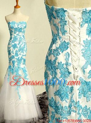 Flare Mermaid Blue and Blue And White Lace Up Prom Dress Appliques Sleeveless Floor Length