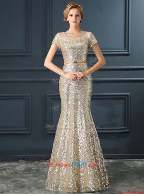 Discount Mermaid Scoop Cap Sleeves Floor Length Sequins and Belt Champagne Sequined