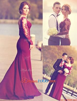 Scoop Burgundy Mermaid Appliques Prom Evening Gown Zipper Elastic Woven Satin Long Sleeves