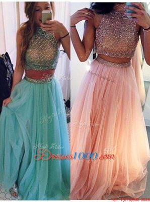Halter Top Blue Tulle Zipper Prom Gown Sleeveless Floor Length Beading