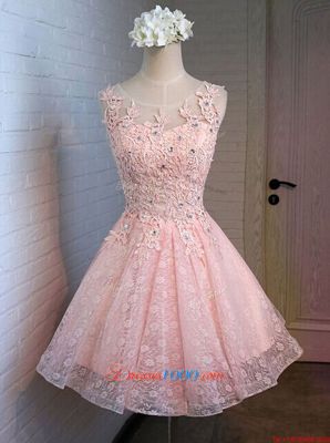 Pink Lace Up Scoop Appliques Prom Dress Lace Sleeveless