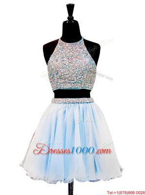 Tulle Halter Top Sleeveless Zipper Beading Evening Wear in Light Blue