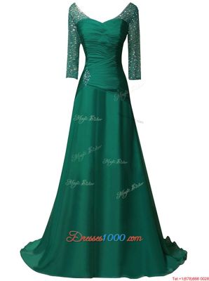 V-neck Long Sleeves Chiffon Beading and Ruching Sweep Train Zipper
