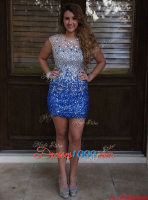 Amazing Scoop Mini Length Column/Sheath Sleeveless Blue Evening Gowns Zipper