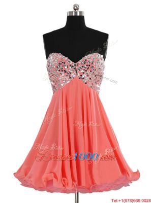 Watermelon Red Chiffon Lace Up Sweetheart Sleeveless Mini Length Teens Party Dress Beading
