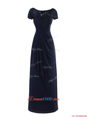 Exquisite Scoop Navy Blue A-line Lace and Ruching Prom Dress Zipper Chiffon Short Sleeves Floor Length
