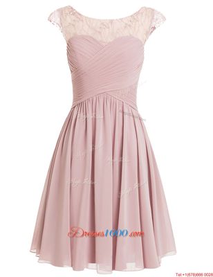 Custom Design Scoop Pink Chiffon Zipper Evening Dress Cap Sleeves Knee Length Beading