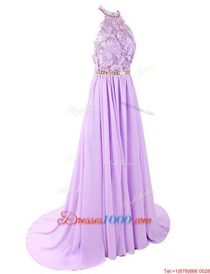 Fitting Lace Lavender Backless Sleeveless With Brush Train