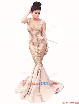 Mermaid Scoop Peach Sleeveless Brush Train Beading With Train Homecoming Dress