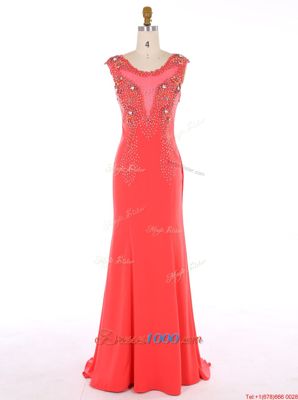 Flirting Watermelon Red Mermaid Scoop Sleeveless Chiffon Brush Train Zipper Beading Evening Outfits