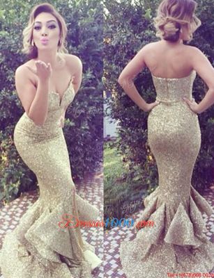 Hot Selling Brush Train Mermaid Prom Party Dress Gold Sweetheart Sequined Sleeveless Zipper