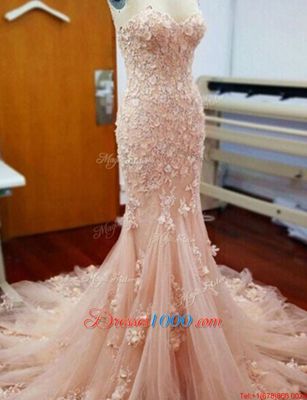 Mermaid Sweetheart Sleeveless Tulle Dress for Prom Appliques Chapel Train Zipper