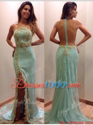 Mermaid Apple Green Prom Evening Gown Tulle Court Train Sleeveless Sequins