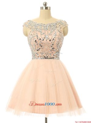 Peach Scoop Zipper Beading and Sequins Prom Dresses Sleeveless