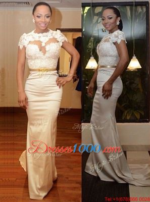 Mermaid Satin Scoop Cap Sleeves Court Train Zipper Appliques Prom Gown in White