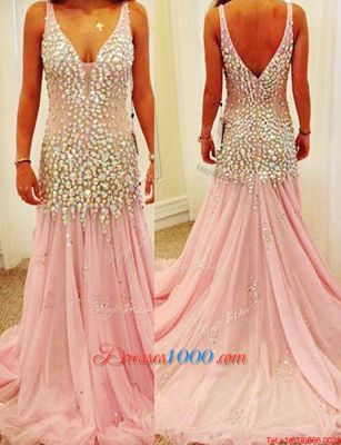 Court Train Mermaid Formal Dresses Pink V-neck Tulle Sleeveless Zipper