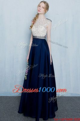 Scoop Floor Length Column/Sheath Cap Sleeves Navy Blue Formal Evening Gowns Zipper