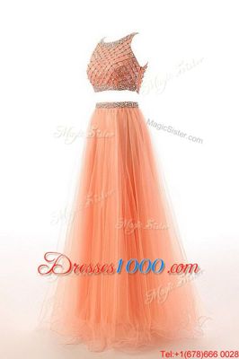 Classical Orange A-line Organza Scoop Sleeveless Beading and Belt Side Zipper Juniors Evening Dress Sweep Train