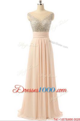 High Class Scoop Peach Sleeveless Beading and Sequins and Belt Side Zipper Evening Dress