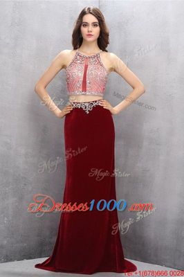 Scoop Sleeveless Brush Train Criss Cross Beading and Appliques Evening Dress