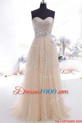 Sweetheart Sleeveless Organza Evening Dresses Beading and Belt Sweep Train Zipper