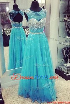 Scoop Sleeveless Prom Dress Floor Length Beading Turquoise Chiffon