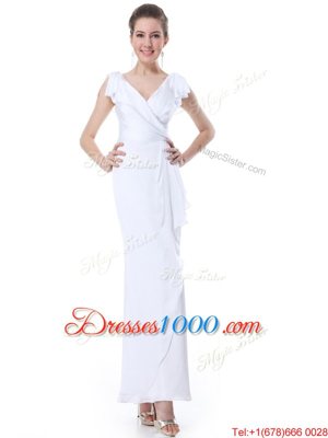 White Column/Sheath Ruffles Homecoming Dress Zipper Chiffon Cap Sleeves Floor Length