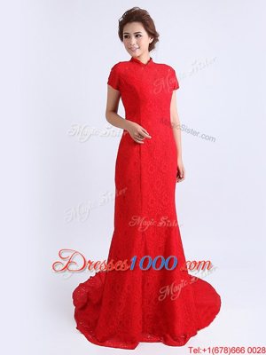 Cap Sleeves With Train Lace Backless Prom Dresses with Red Brush Train